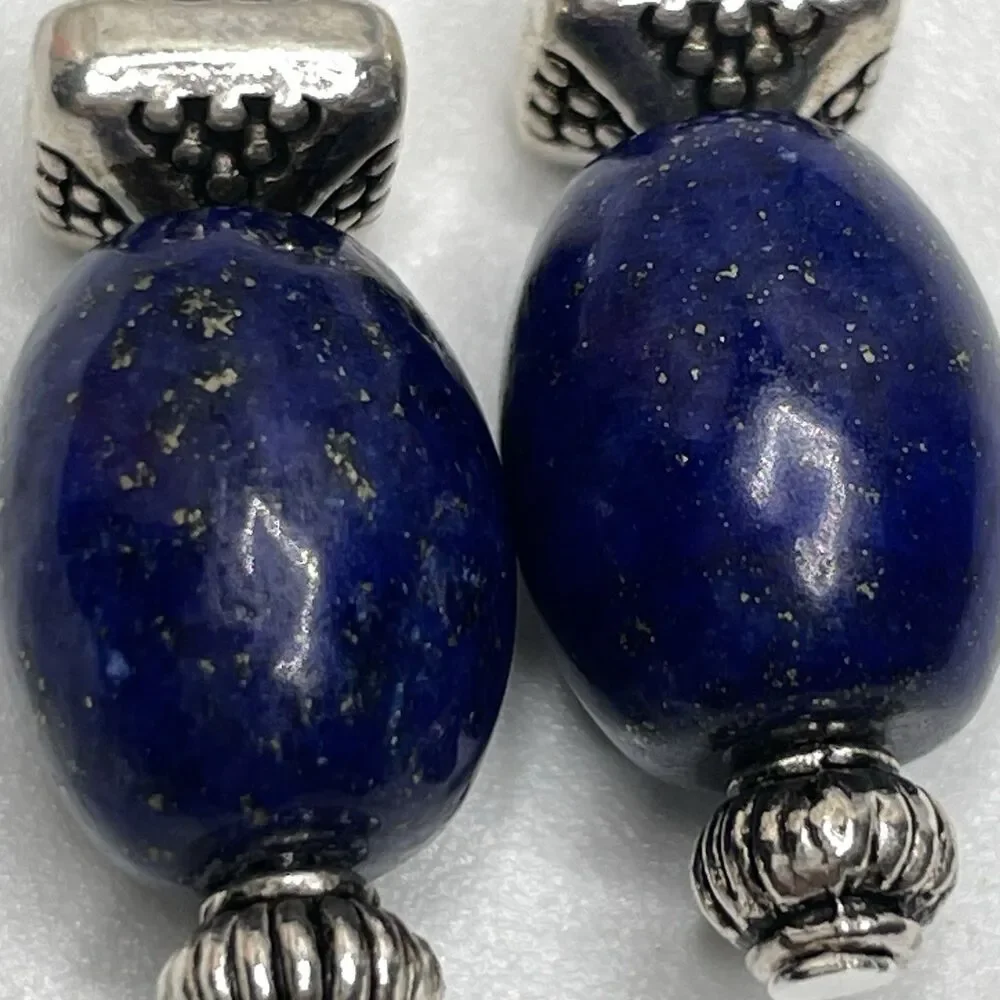 Artisan Silver Blue Lapis Lazuli Stone Beaded Dangle Earrings Boho Cute